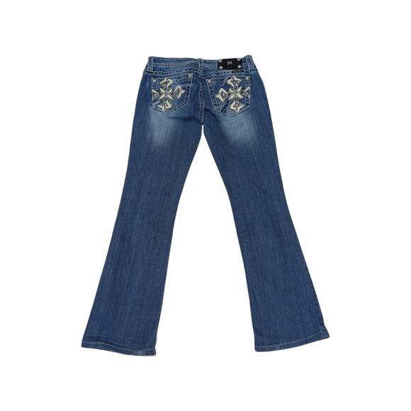 Miss Me Signature Bootcut Jeans Womens 27 Denim Leather Patch Pocket Pants Blue - Picture 1 of 6